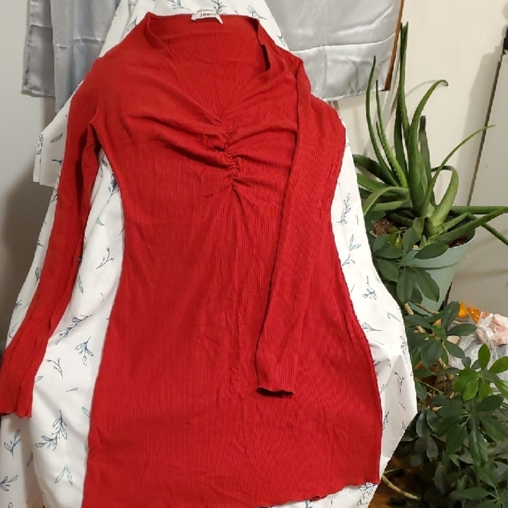 REFORMATION Red Long Sleeve V DRESS Soft Ribbed Stretchy Size Xl Like New💖⚘️